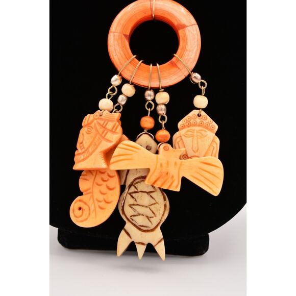 Vintage Carved Laminated Wood Statement Necklace Whimsical Made in India Bin3A